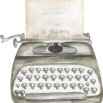 A watercolor illustration of a typewriter with a note on it.